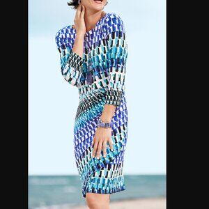 Chicos Dress Size 1 US 8 Medium White Blue Geometric Slinky Gathered Resortwear